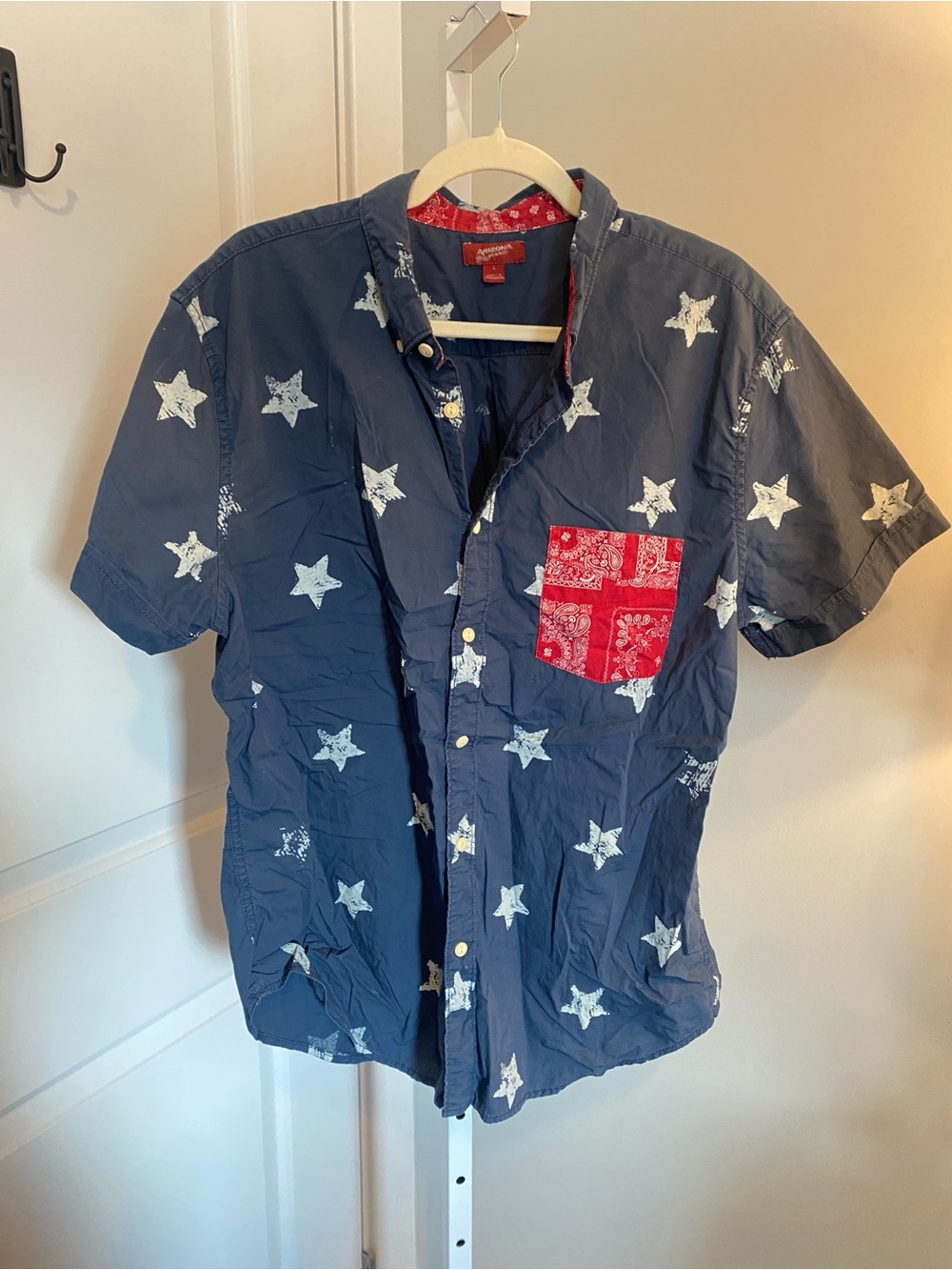 Arizona Jean Company Navy Star Print Button-Down with Red Bandana Pocket